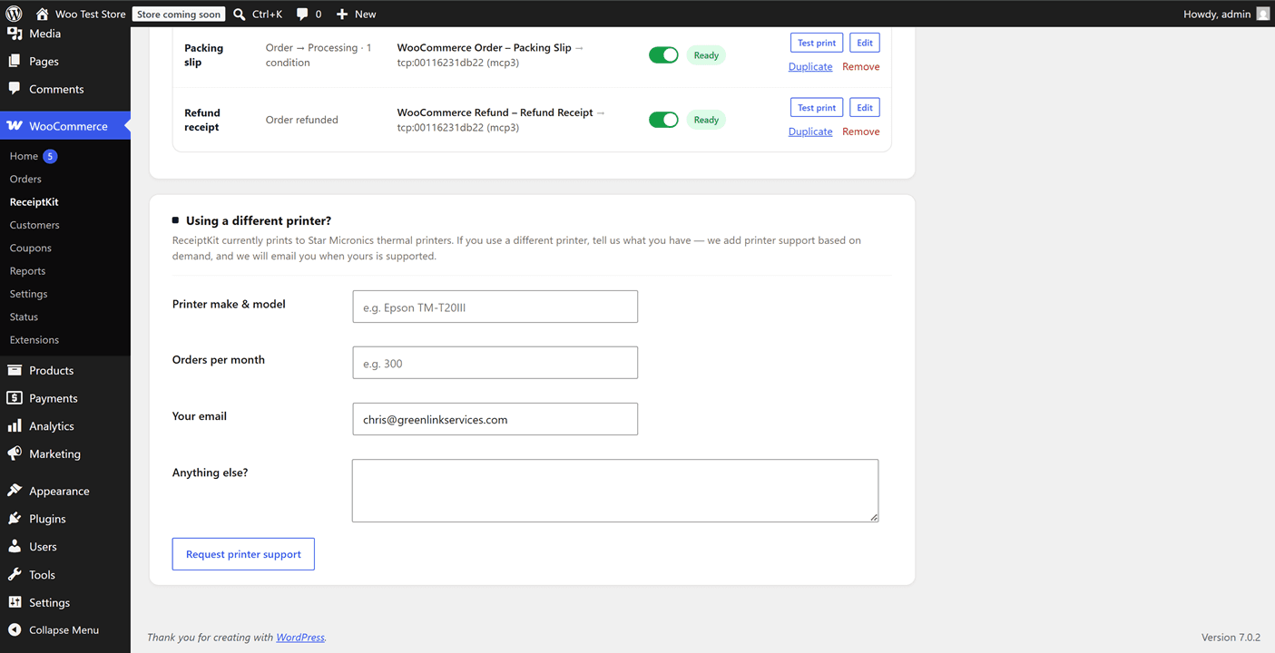 Print rules overview — each rule with an enable toggle, live health indicator, and per-row test print.