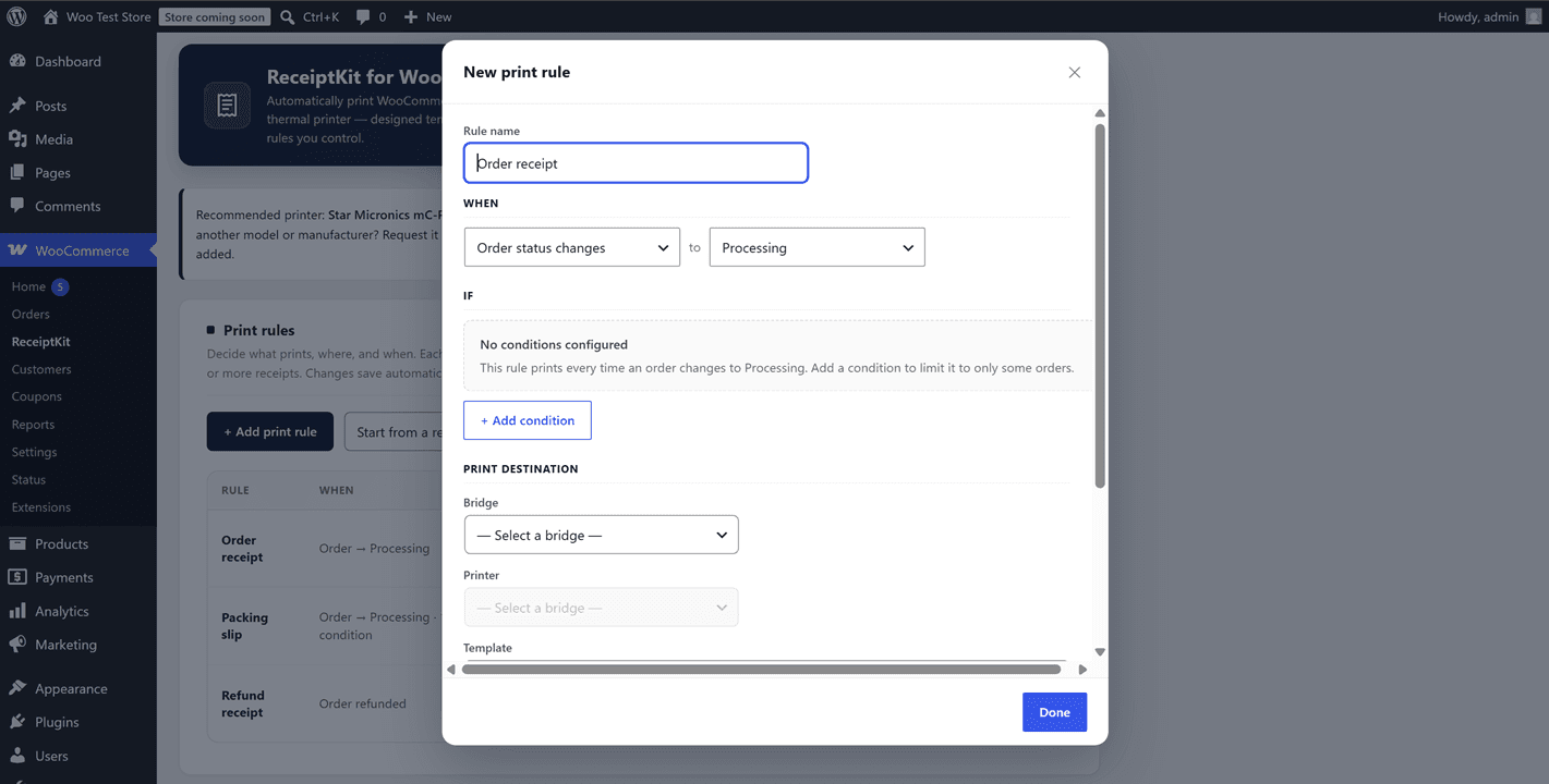 The rule editor — a When / If / Then automation with a bridge → printer → template destination.