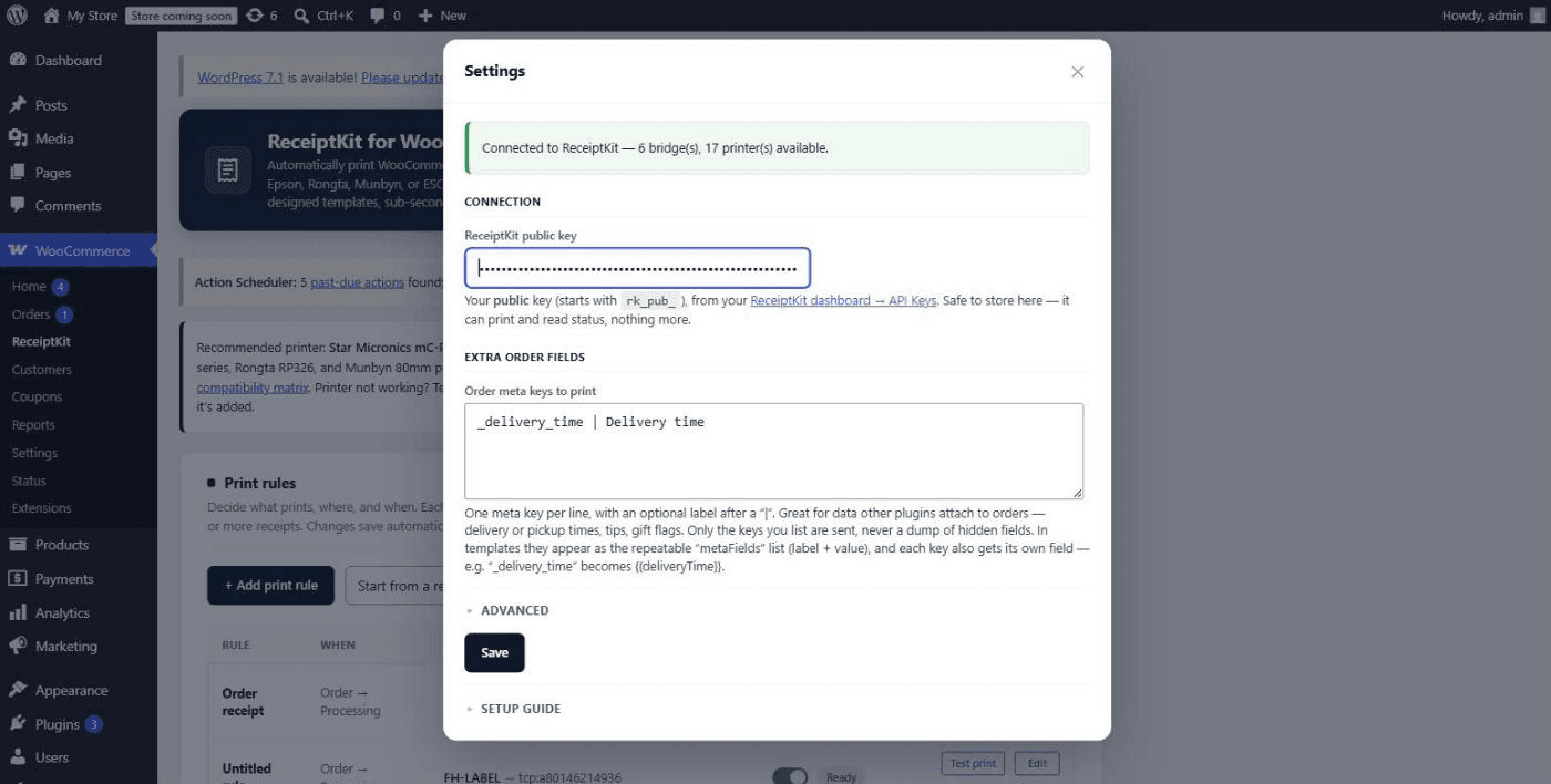 The connection panel — link your store with your ReceiptKit public key and see live device counts.