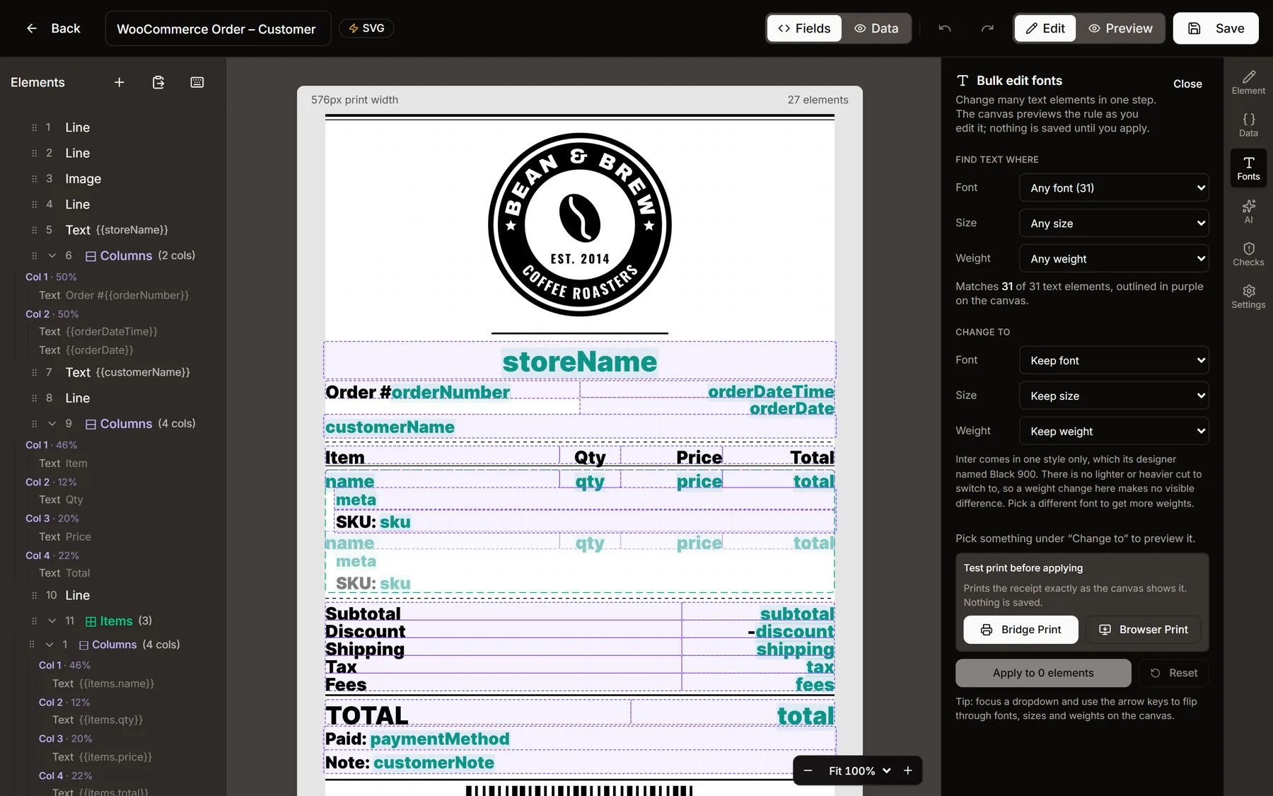 The Bulk edit fonts panel matching every text element on the receipt, outlined in purple on the canvas