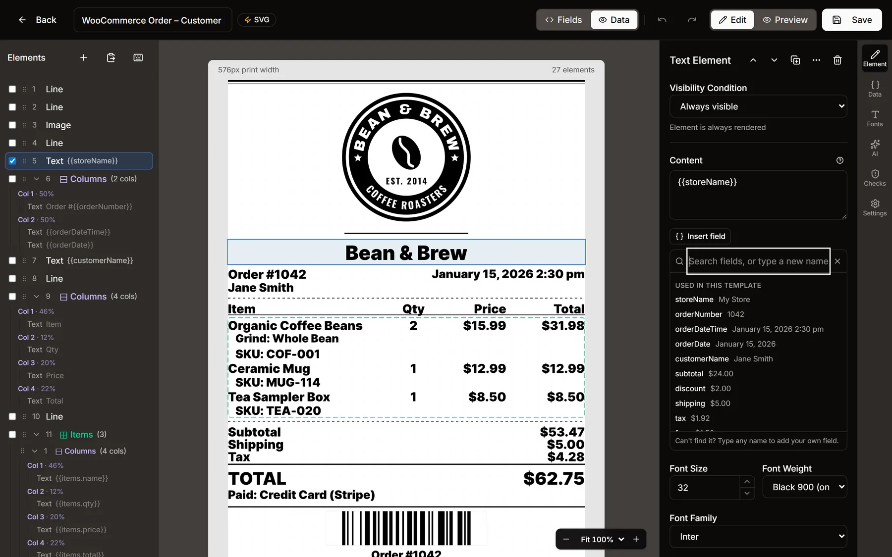 The Insert field picker open on a text element, listing the WooCommerce order fields with their sample values
