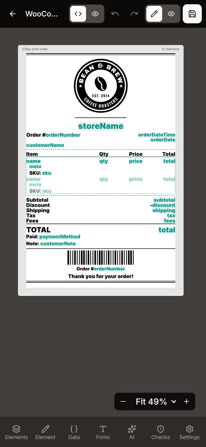 The designer on a phone: the receipt fills the screen with the panel bar along the bottom