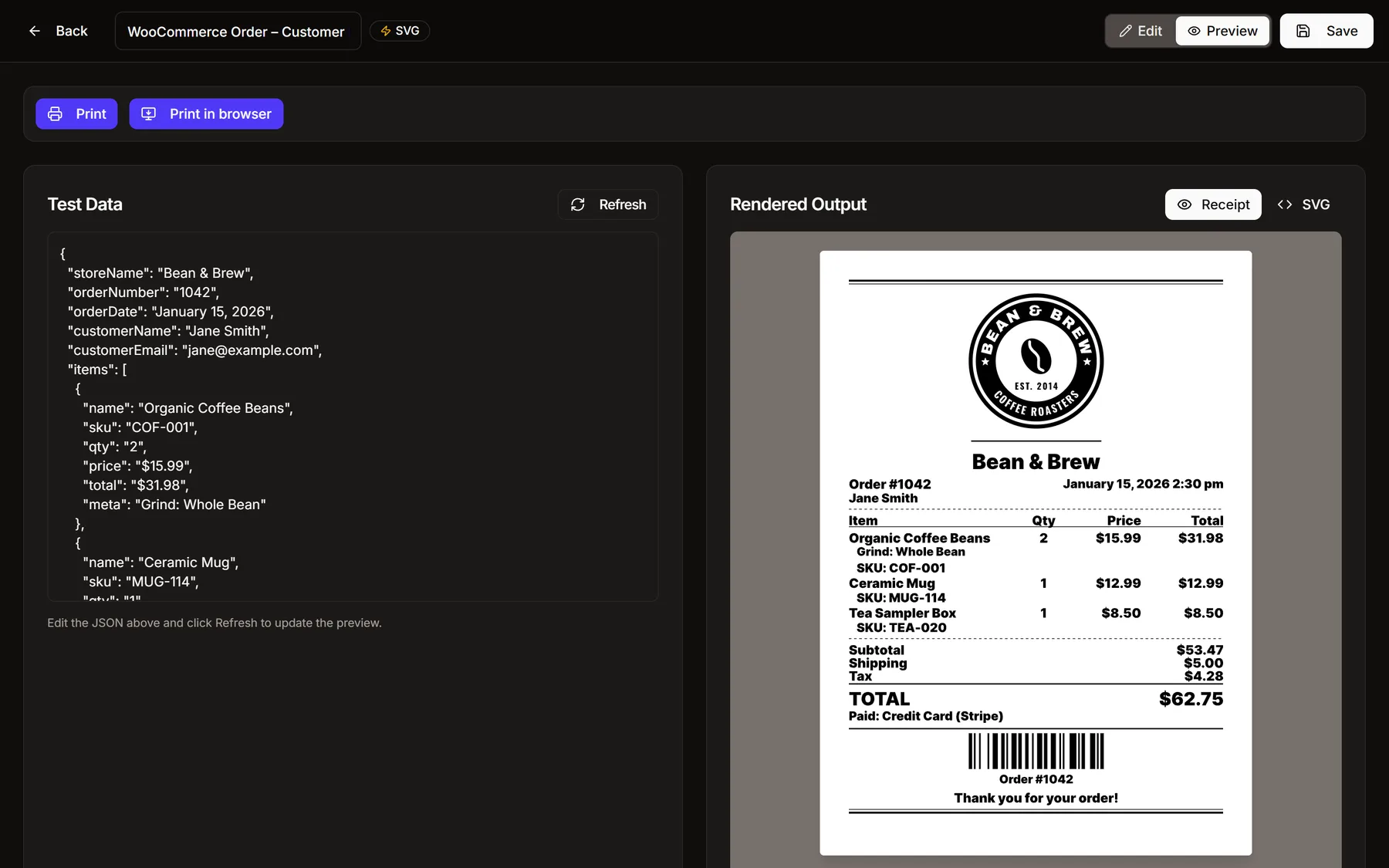 Preview mode: the test data as JSON on the left and the rendered receipt on the right, with Print and Print in browser buttons