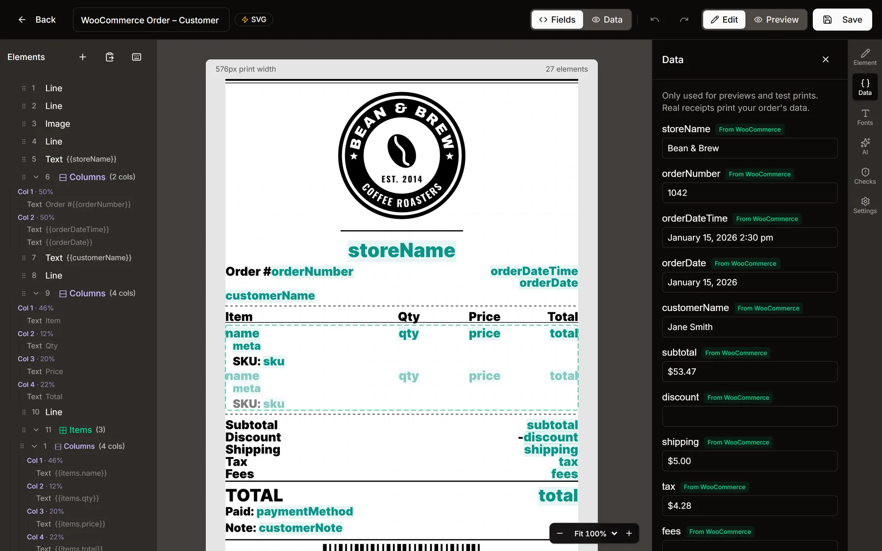 The Data panel with WooCommerce sample values, next to the receipt showing field names in place of values