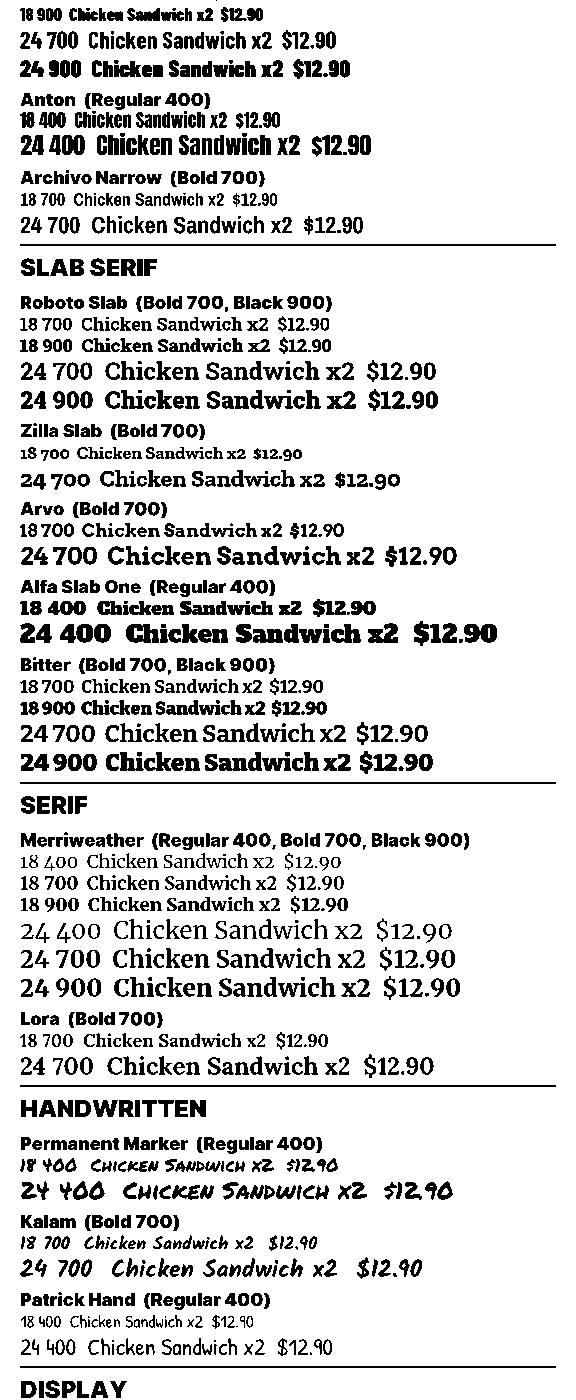 Middle of the Font Specimen receipt: condensed, slab serif and serif families