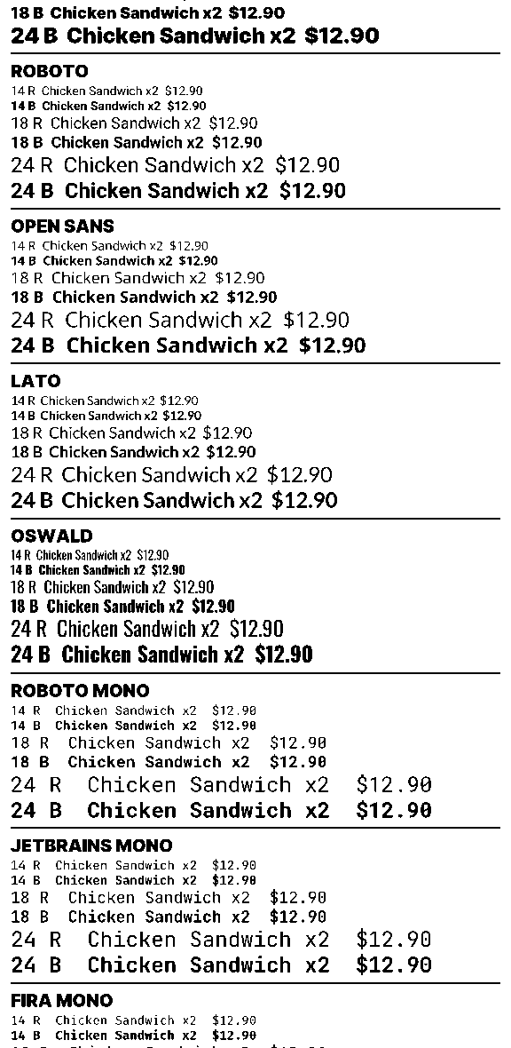 Test receipt showing Roboto, Open Sans and Lato at 14, 18 and 24 pixels in regular and bold; regular weight is faint at 14 and 18